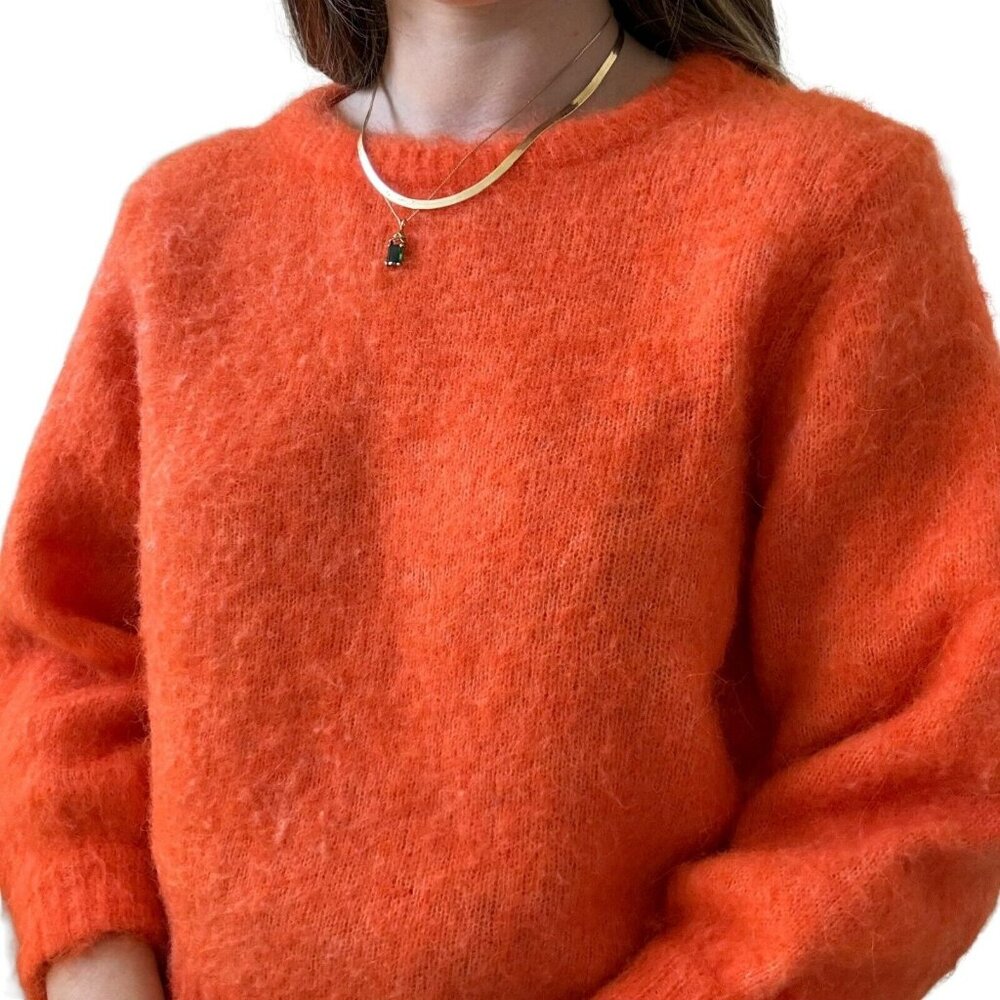 American Vintage Womens Neon Orange Fluffy Alpaca Blend Cropped Sweater Sz S - Picture 8 of 9